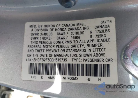 2014 Honda Civic Lx z USA, uszkodzony, nr VIN 2HGFB2F50EH519735